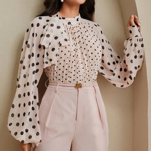 Baby Pink Elegant Women's & Polka Dot Pleated Tie Front Long Sleeve Blouse - Picture 1 of 7
